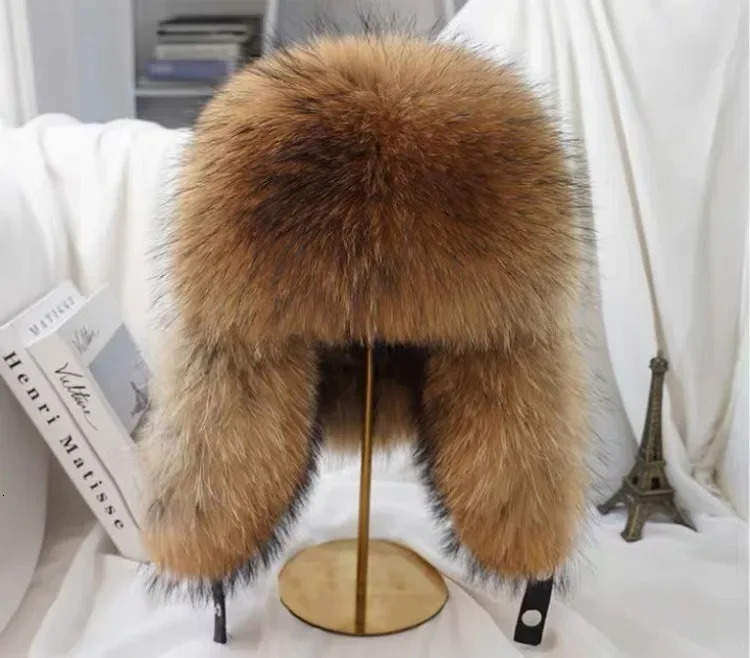 Winter Mens 100% Real Silver Fox Fur Bomber Hat Raccoon Fur Usanka Hat Catcher Russian Mens Ski Hat 241106