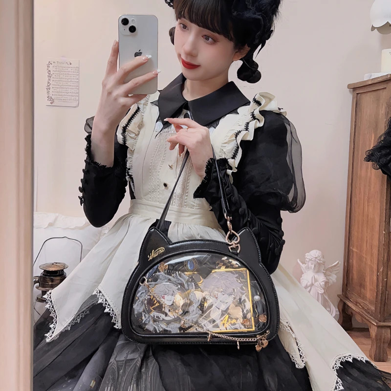Y2K Cute Cat Ita Bag Japan Lolita Transparent Ten Font Kawaii Party Shoulder Bag Badge Display Girl Messenger Bag 241106