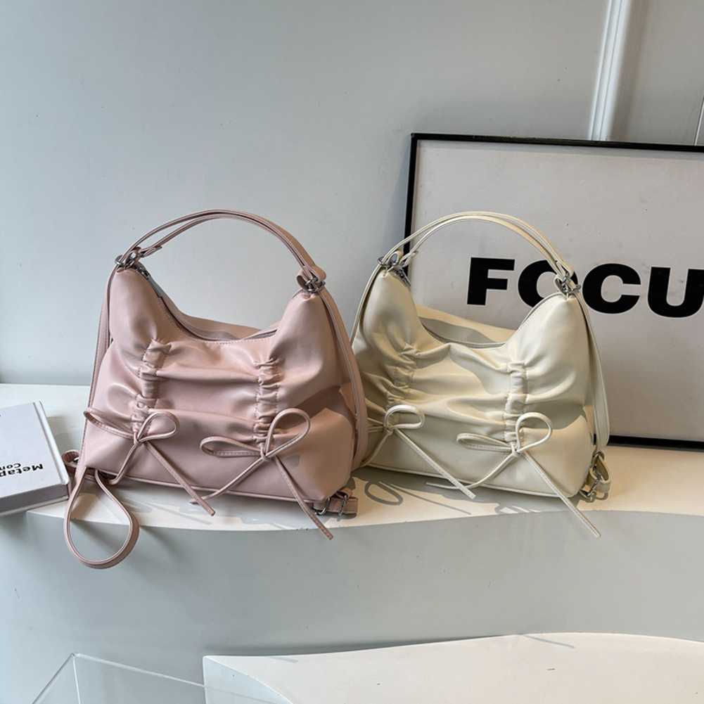 Women Fashion Crossbody Bag with Bow Daily Tote Handbag Adjustable Strap Solid Color Backpack Female Dating Bag