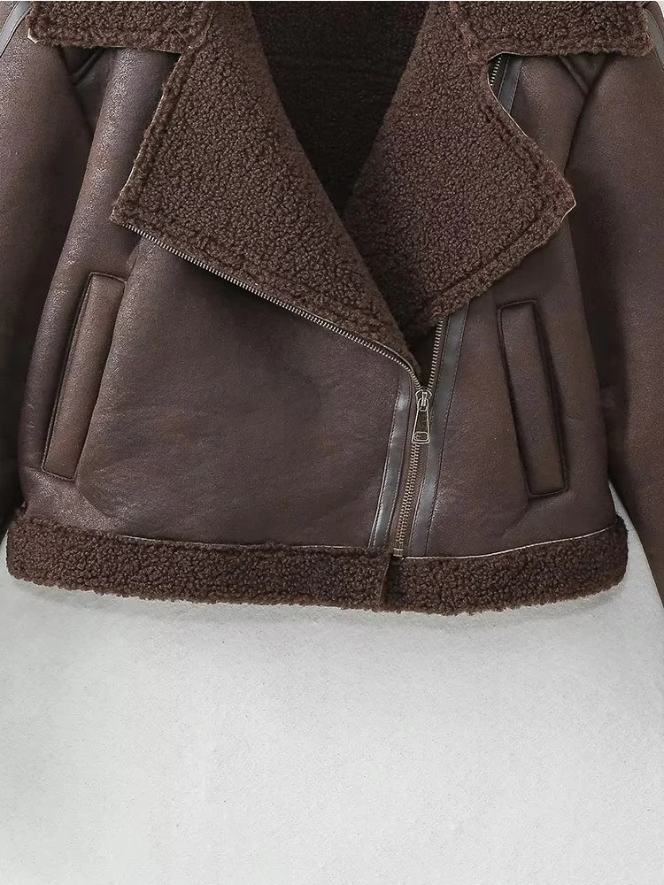 Winter womens retro brown synthetic wool cut bicycle jacket warm jacket 241107