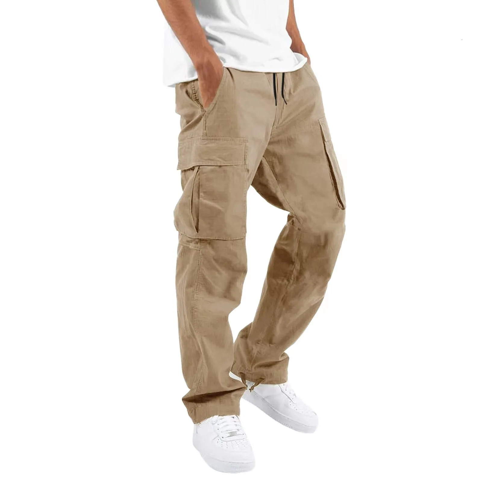 Mens Cargo Pants Trouser Full Length Solid Color Loose Multi Pocket Drawstring Pocket Mens Cargo Pants 3XL 241106