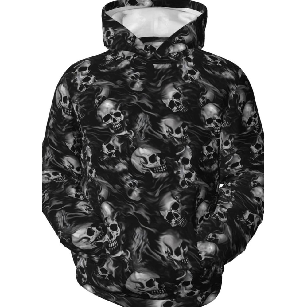 Hoodie for Mens Womens Teen Novelty Hoodies 3D Printed Boys Hooded Sweatshirt Cool Pullover Hoody with Kangaroo Pocket Trendy black skull pattern