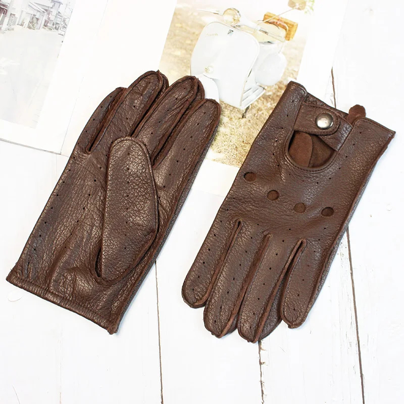 Summer driving deer skin full finger mens thin hollow unlined motorcycle riding mens fashionable driving gloves 241106