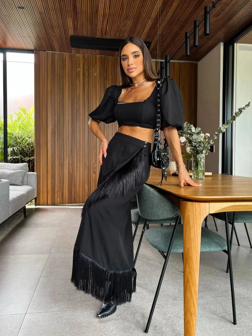 Black Elegant Two Piece Set for Women 2023 Casual Tassel Retro Womens Clothing Puff Sleeve Short Top Long Skirt Suit 240401