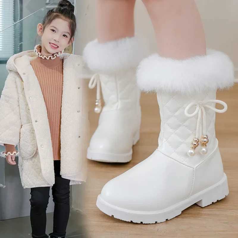 Girls Long Boots Warm Shoes for Winter Kids Princess Boots with Fur 2024 New Fashion Sweet Girls Leather Snow Boots with BowXJ241206