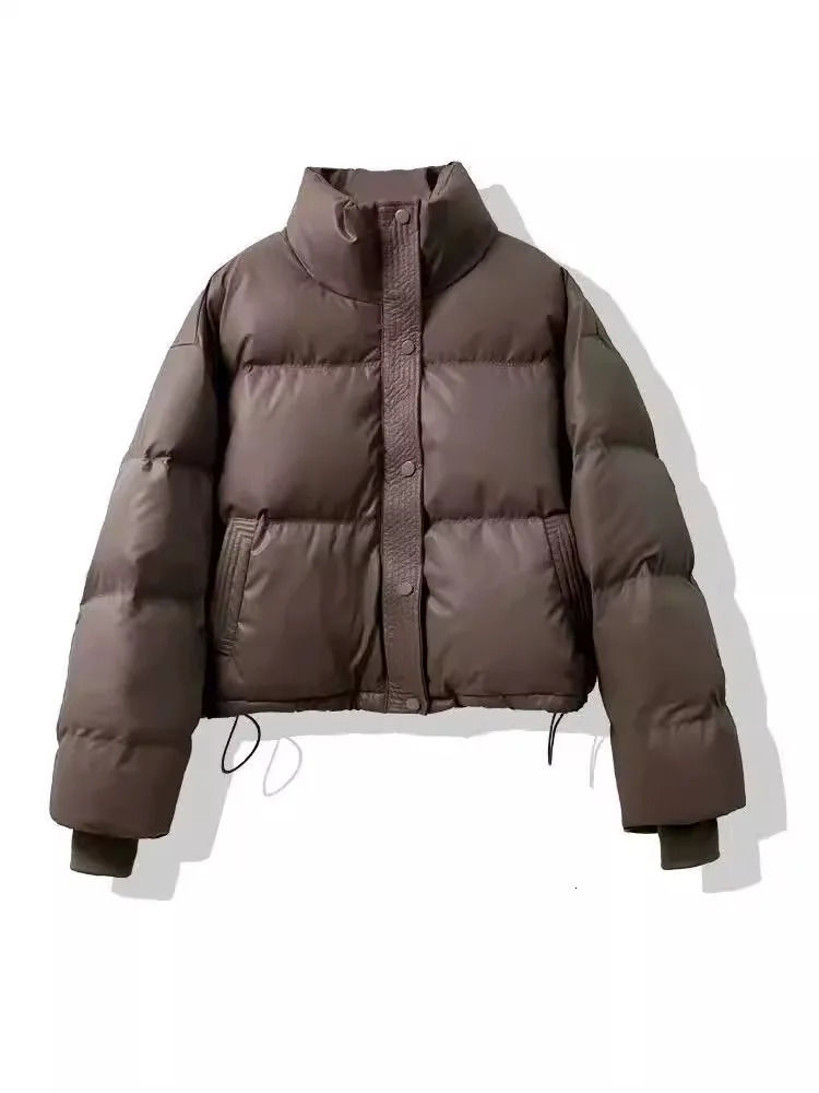 Winter Warm Short Parkas Womens Y2K Fashion Pu Leather Crop Inflatable Jacket Womens Loose Street Clothing Zipper Long Sleeve 241107