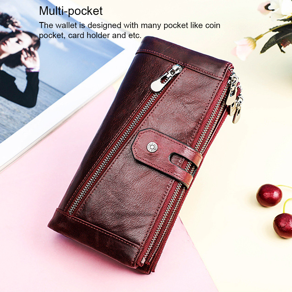 Women Wallet Zipper Solid Color Rectangular Card Holder Photo Folder Cash Compartment Purse Birthday Gift Wine Red