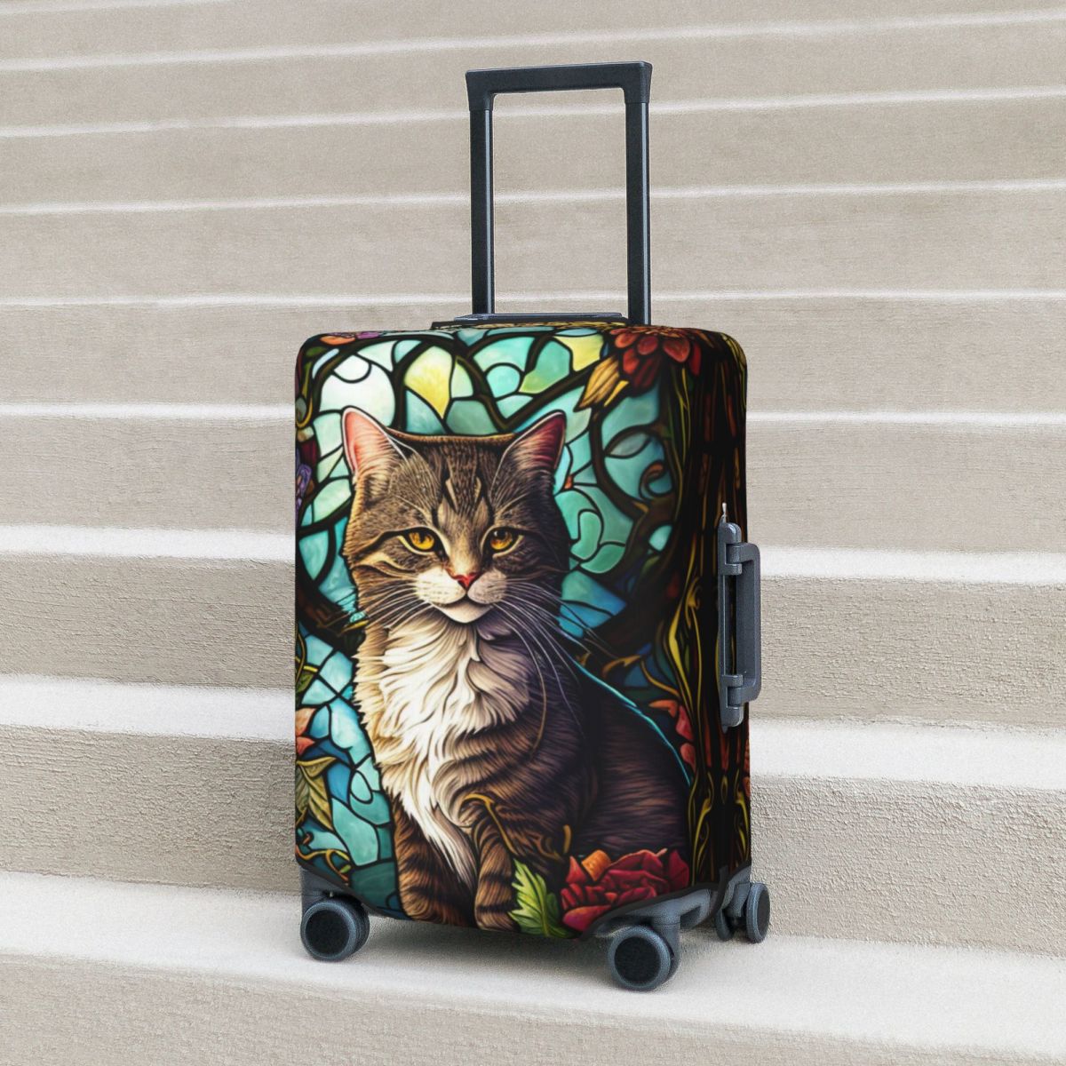 Cat Stained Glass Suitcase Cover Colorful Flowers Vacation Cruise Trip Useful Luggage Case Protector