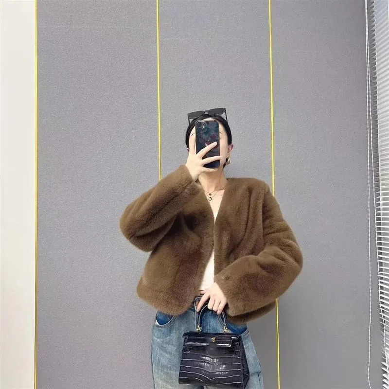 Korean style womens winter faux mink coat high-quality lace jacket long loose thick warm jacket 241107