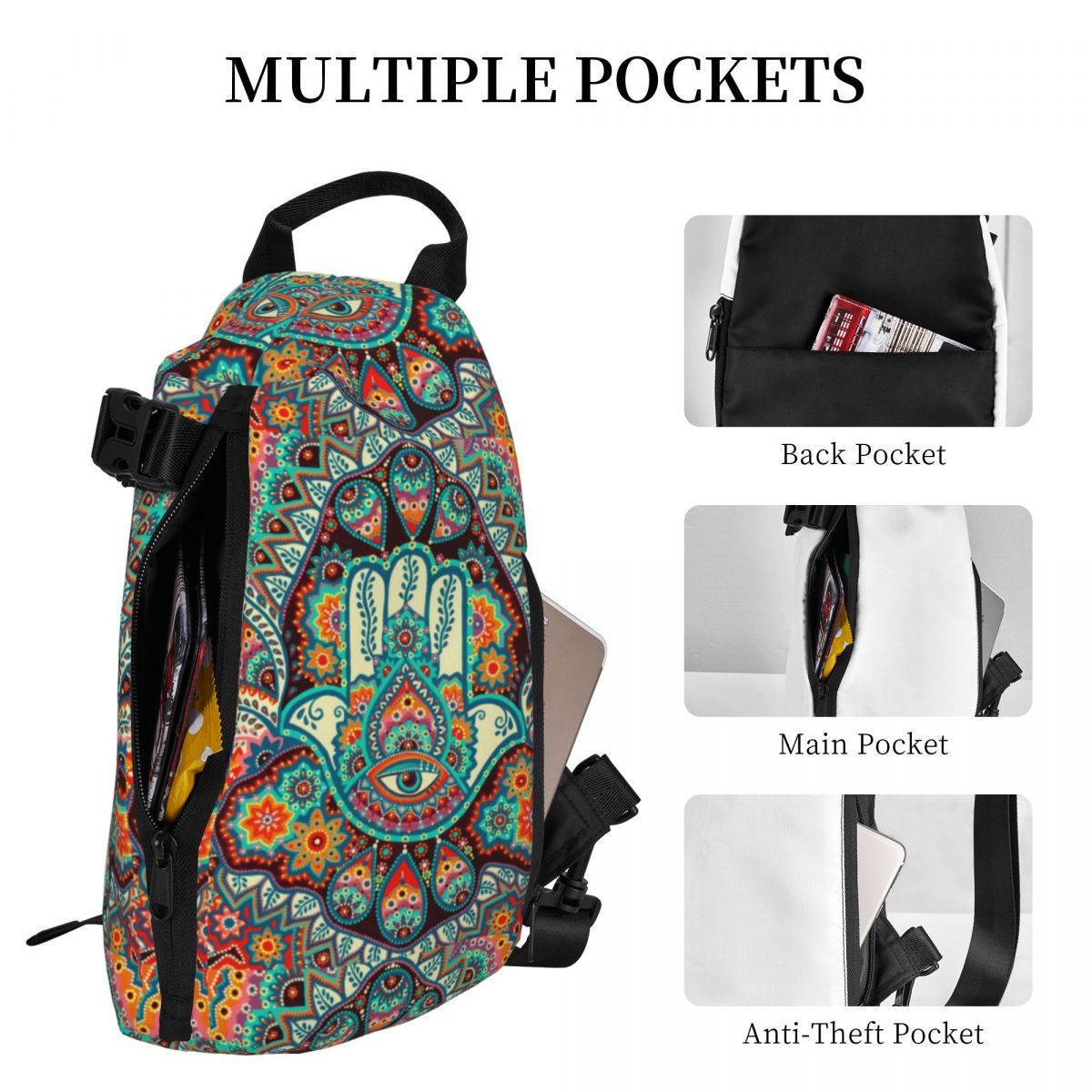 Hamsa Hand Chest Bags Boy Retro Floral Print Bicycle Shoulder Bag Cute Print Small Bag Phone Outdoor Style Sling Bags