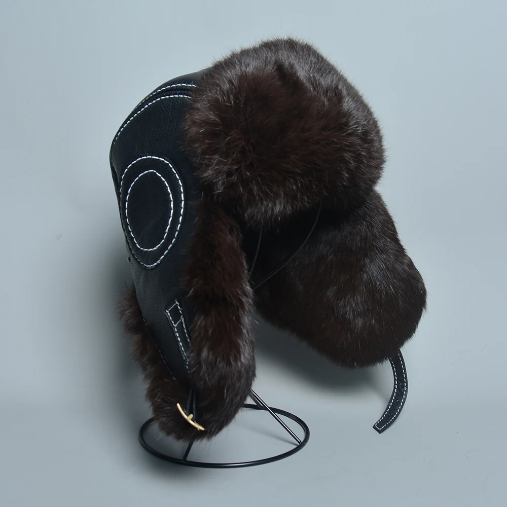 Winter Mens 100% Genuine Rabbit Fur Bomber Hat Wusanka Hat Hunter Russian Mens Ski Hat Genuine Sheepskin 241106