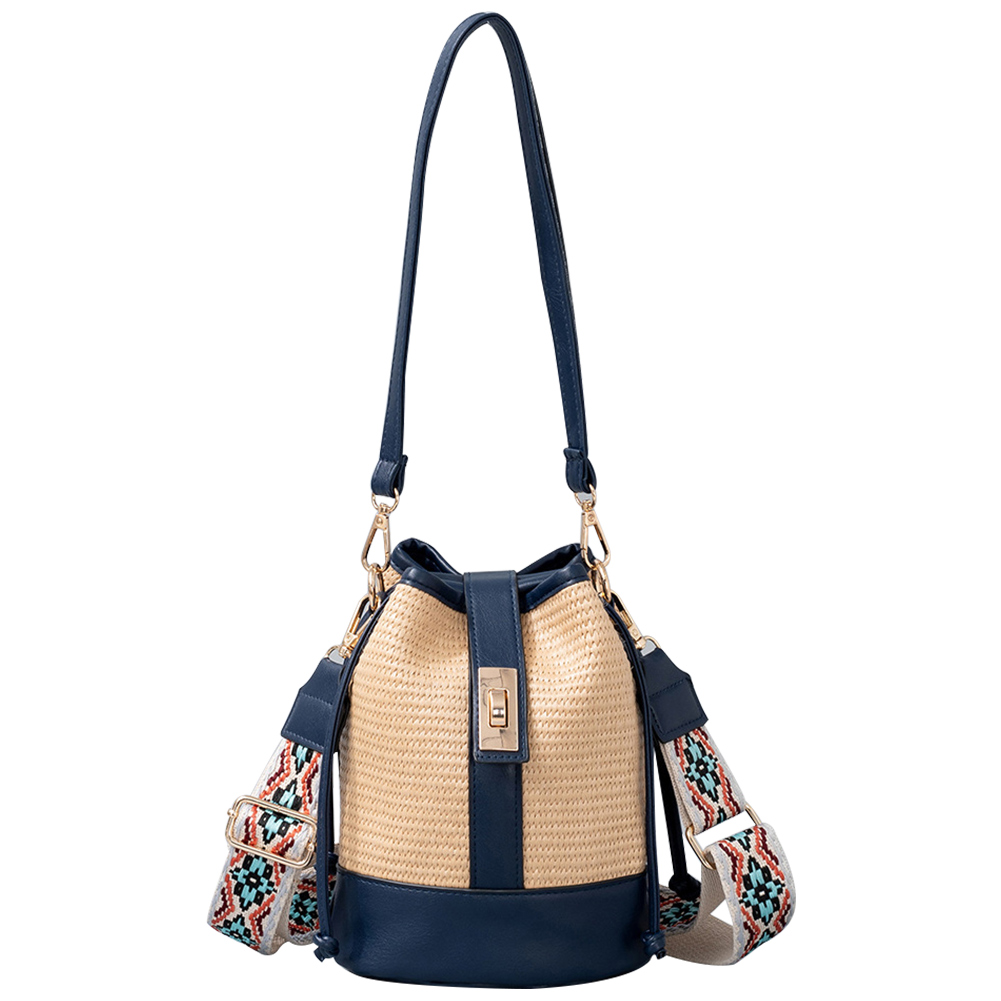 Women Trendy Messenger Bag Drawstring Straw Woven Bucket Bag Handmade Satchel Bag Large Capacity Bohemian for Outdoor Travel
