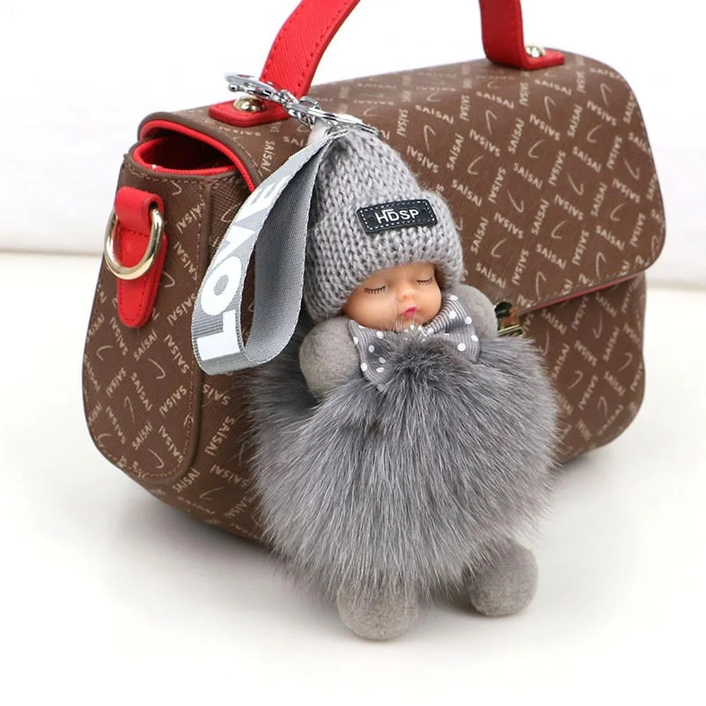 Fox fur fluffy sleeping baby keychain cute fluffy plush doll keychain womens bag keyring car keyring gift decoration 241107