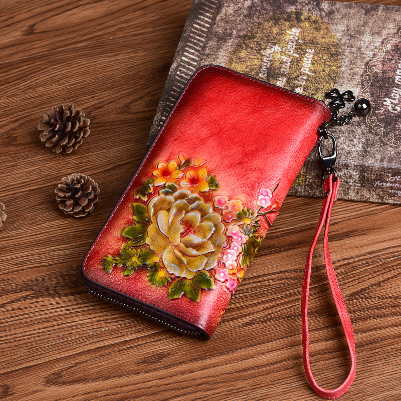 New Women's Top Layer Cowhide Wallet Floral Pattern Handbag Long Zipper Wallet vintage Personalized Clutch Bag Hot Sale