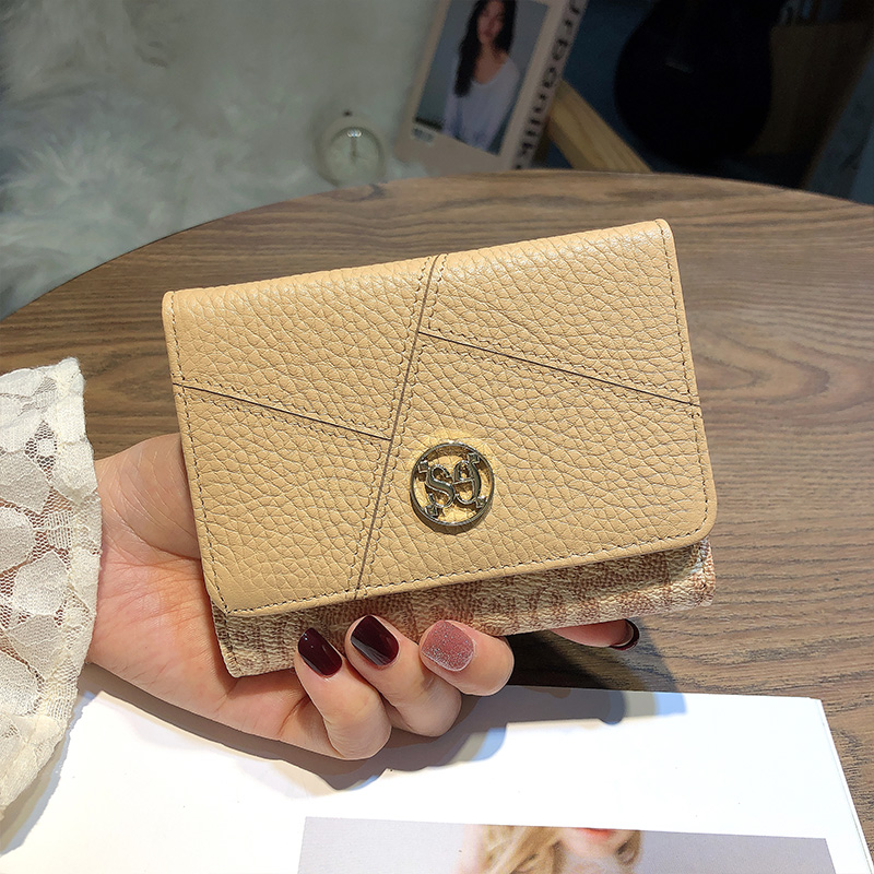 Luxury Style 3-Fold Women Wallet Genuine Leather Short Purse with Patchwork Design, Fashion Letter Print Cowhide Billfold and Compact Card Holder