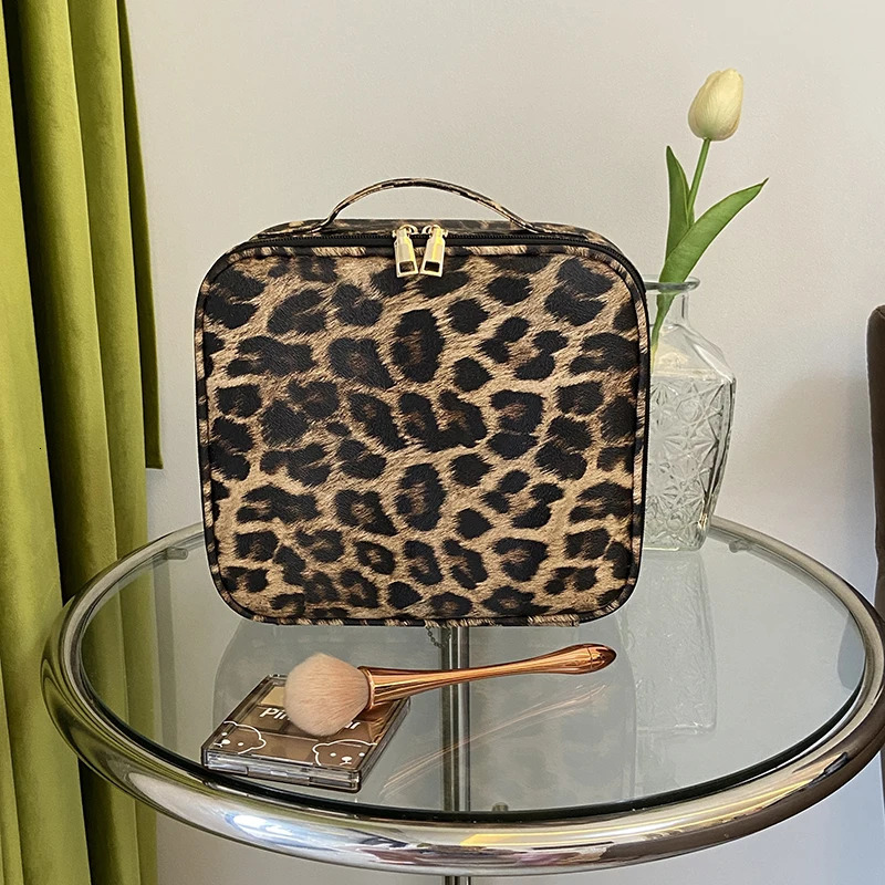 Leopard Pattern Cosmetic Bag Partition Multi functional Portable Travel Storage Makeup Box 241106