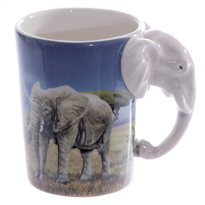 1Piece Creative Animal Cup Elephant Shaped Handle Mug With Savannah Decal Ceramic Office Coffee Mugs 240407