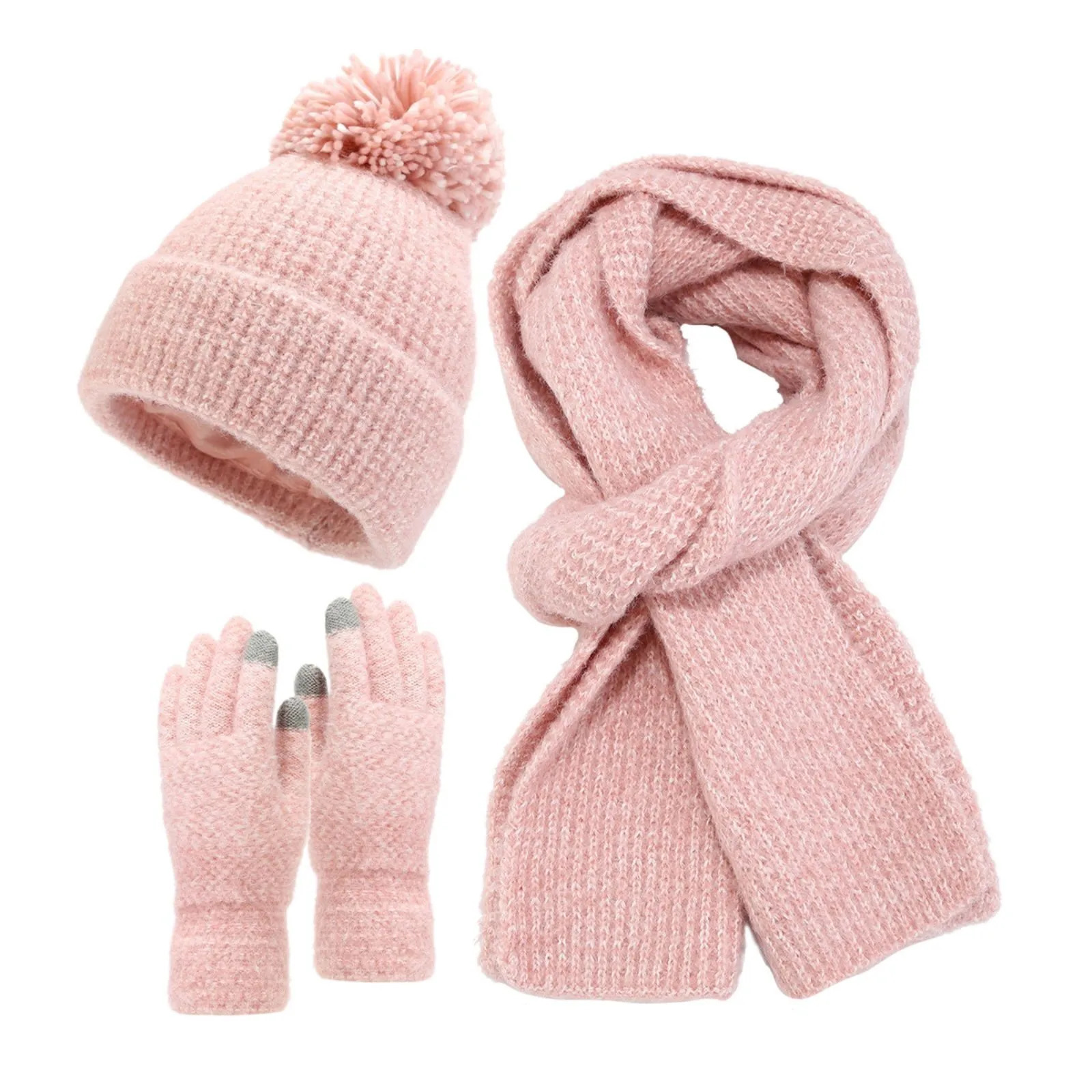Knitted three piece hat scarf glove set for autumn and winter warmth thick plush fluffy earmuffs anti cold hat womens gloves 241107