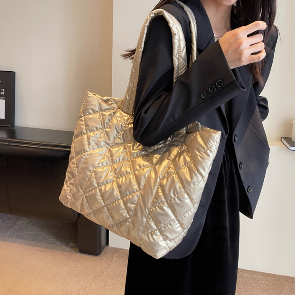 Women Padded Shoulder Bag Large Capacity Quilted Padded Bag Soft Lightweight Metallic Color Female Outdoor Shopping Bag