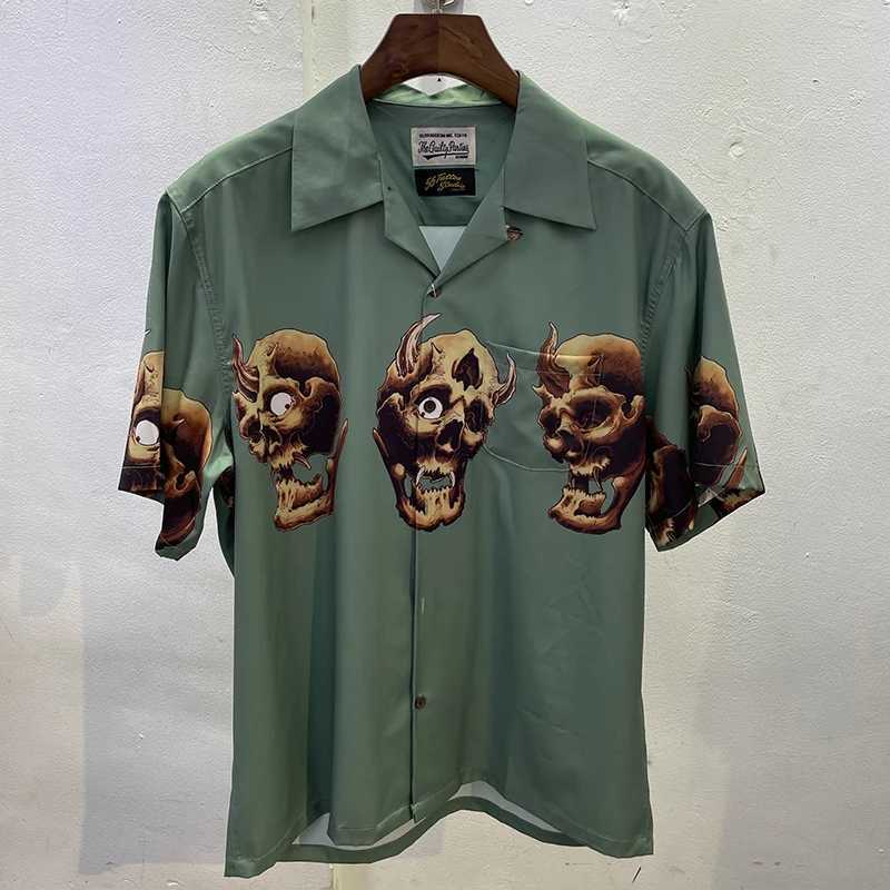 Men's T-Shirts WACKO MARIA Mens Street Clothing Skull Print Summer Casual Hawaiian Short sleeved Shirt J240402