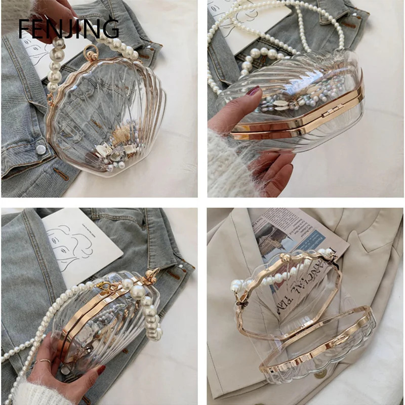Womens Evening Bag Transparent Shell Bag Clutch Box Handbag Pearl Chain Cross Body Bag Acrylic Wallet Shoulder Bag 241106