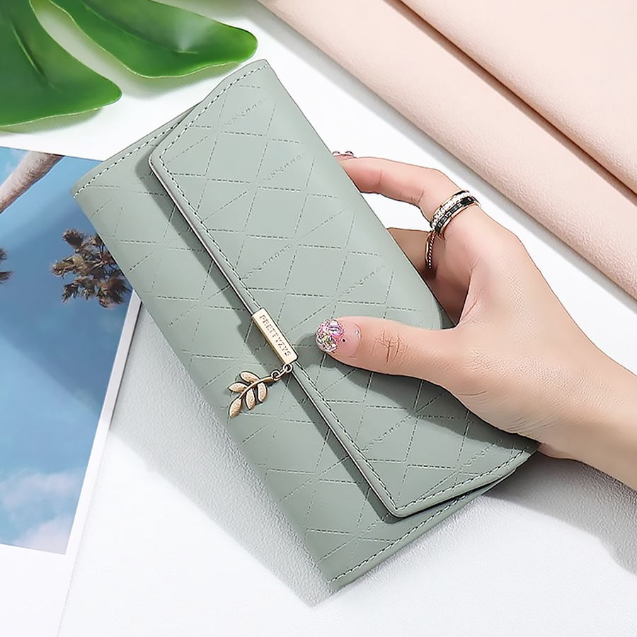 Popular Women's Long Wallets with Leaf Pendant, Large Capacity, Fold Design, Coin Purses, Card Holder, Money Bags
