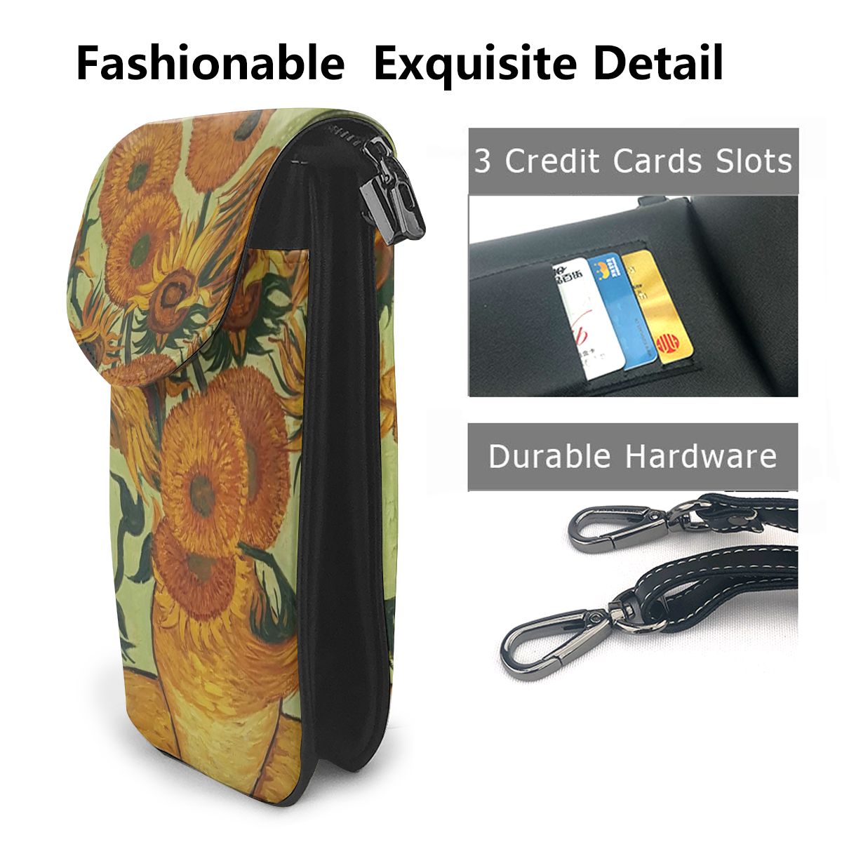 Van Gogh Art Design Cell Phone Purse Sunflower Wallet Leather Shoulder Strap Handbag Women Bag Women Hand Bag With Free Shipping