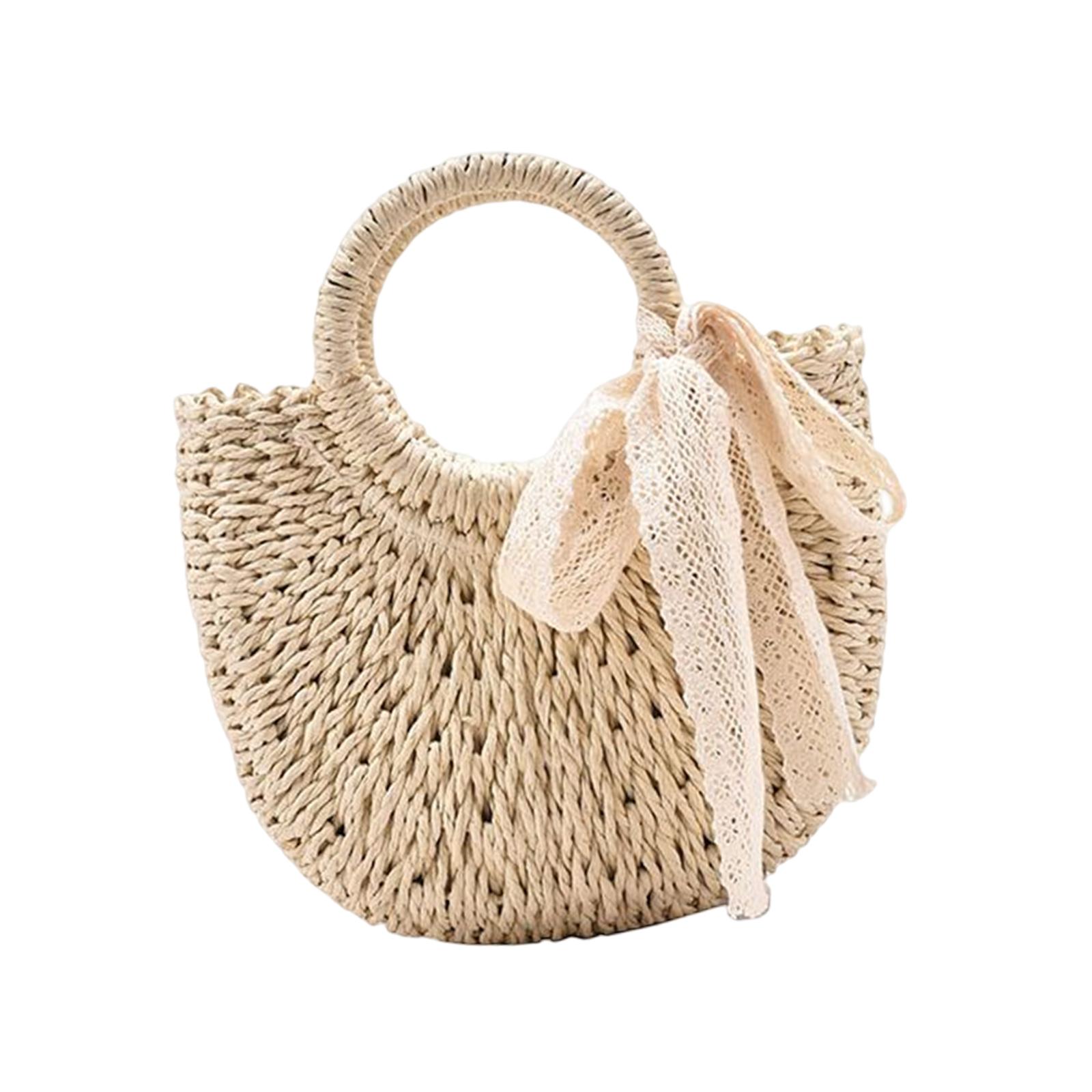 Summer Straw Bag Big Capacity with Handle Woven Handbag Shoulder Bag with Lace Basket for Casual Shopping Vacation Beach Travel