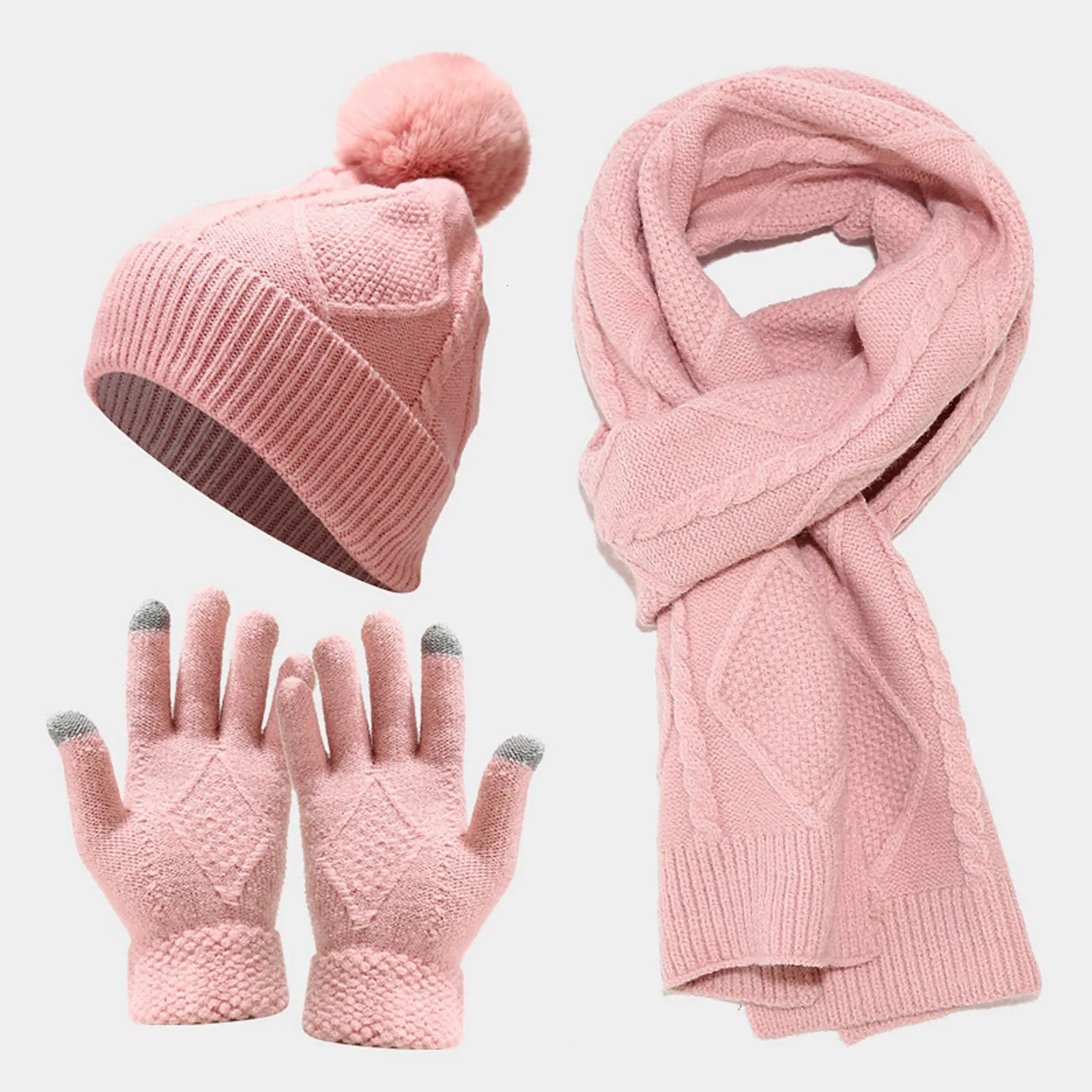 Womens Beanies Hat Scarf Glove Set Winter Warm Knitted Hat Scarf Solid Color Thick Hat Scarf Set Accessories 241107