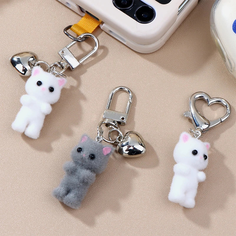 Cute Soft Cushioned Cat Keychain Three way Love Phone Pendant Earphone Box Charm Packaging Decoration Car Key Ring Jewelry Gift 241107