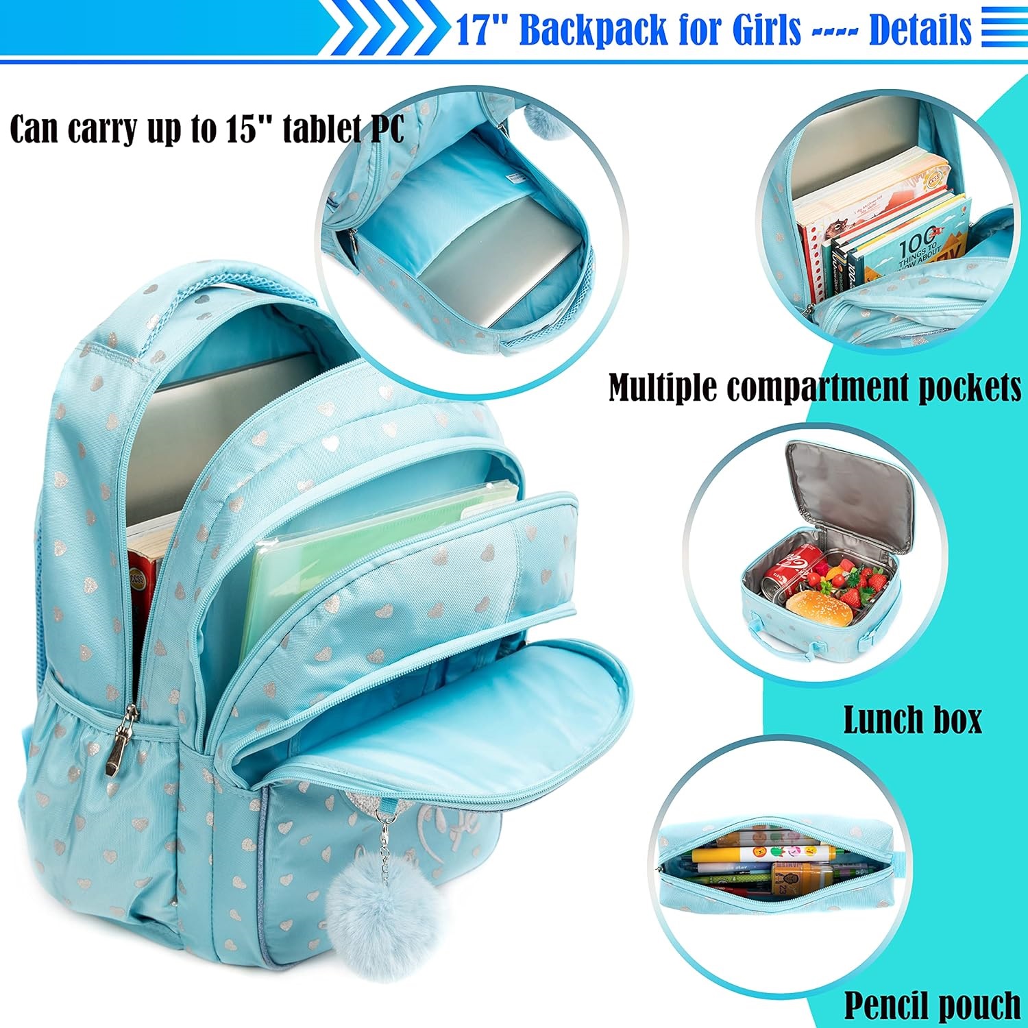 School Bags 3 in 1 Kids Bags for Girls Cute Love Kawaii School Bag Childrens School Backpack Waterproof Lunch Bag Pencil Case