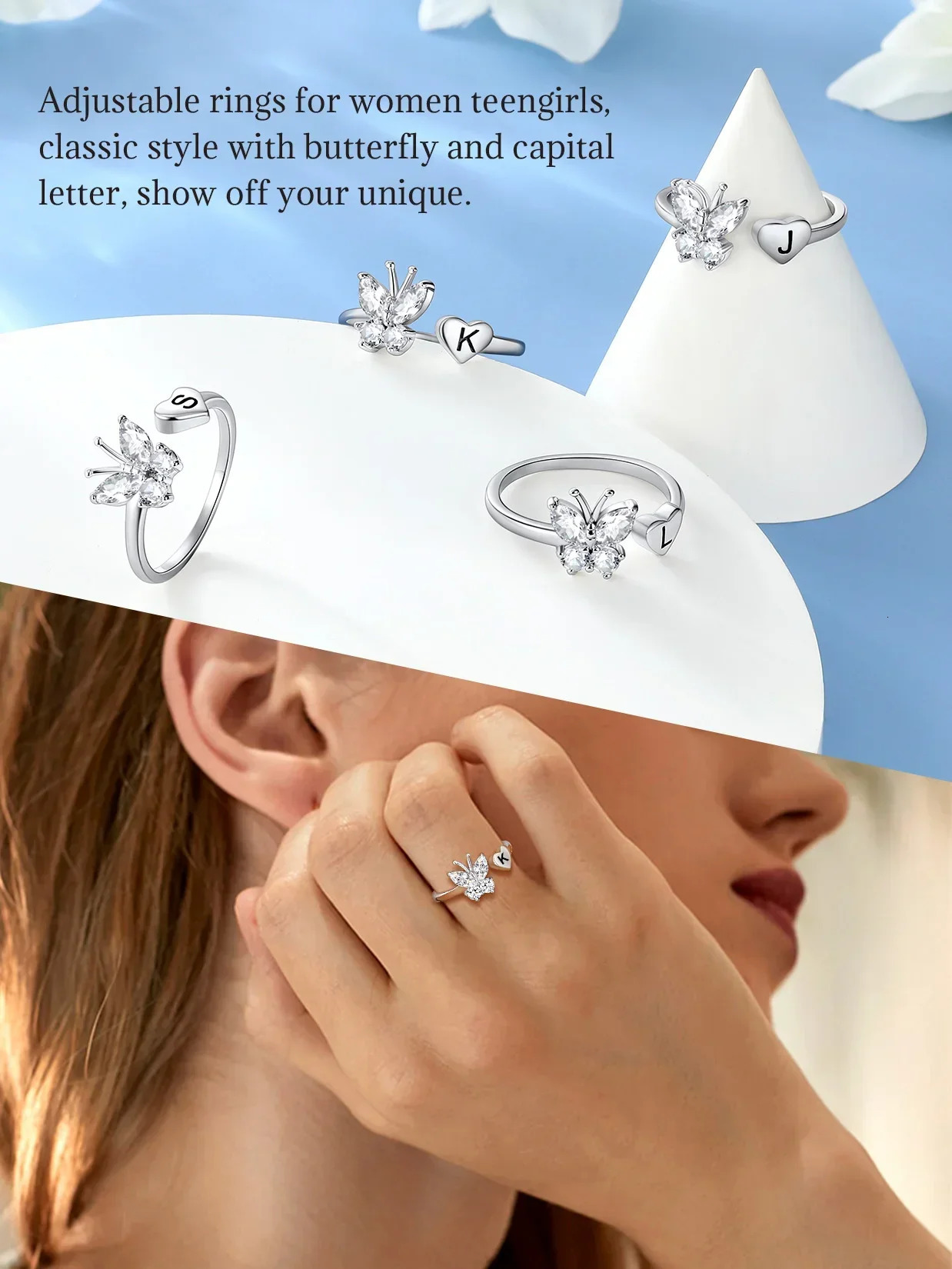 U7 925 Silver White Cz Butterfly Ring Cuff Suitable for Women Deep Carving Original Alphabet Customized Anniversary Birthday Gift 241106