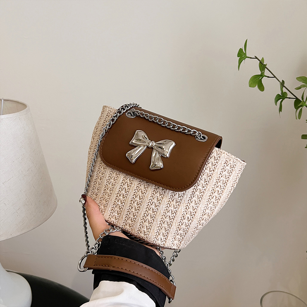 Woven Bow Chain Crossbody Bag Boho-chic Handbag Crochet Straw Shoulder Bag Summer Beach Bag Women Makeup Bag Travel Bag