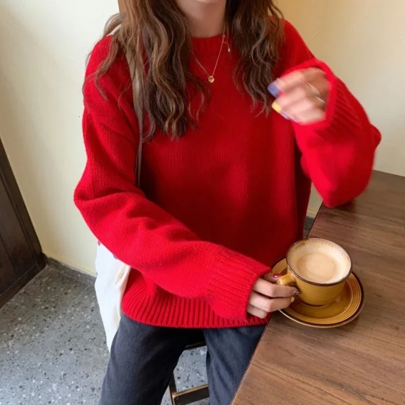 Arrival AutumnWinter Korean Style Versatile Loose-Fit Pullover Sweater Stylish Christmas Red Top For Womens Outerwear 241107