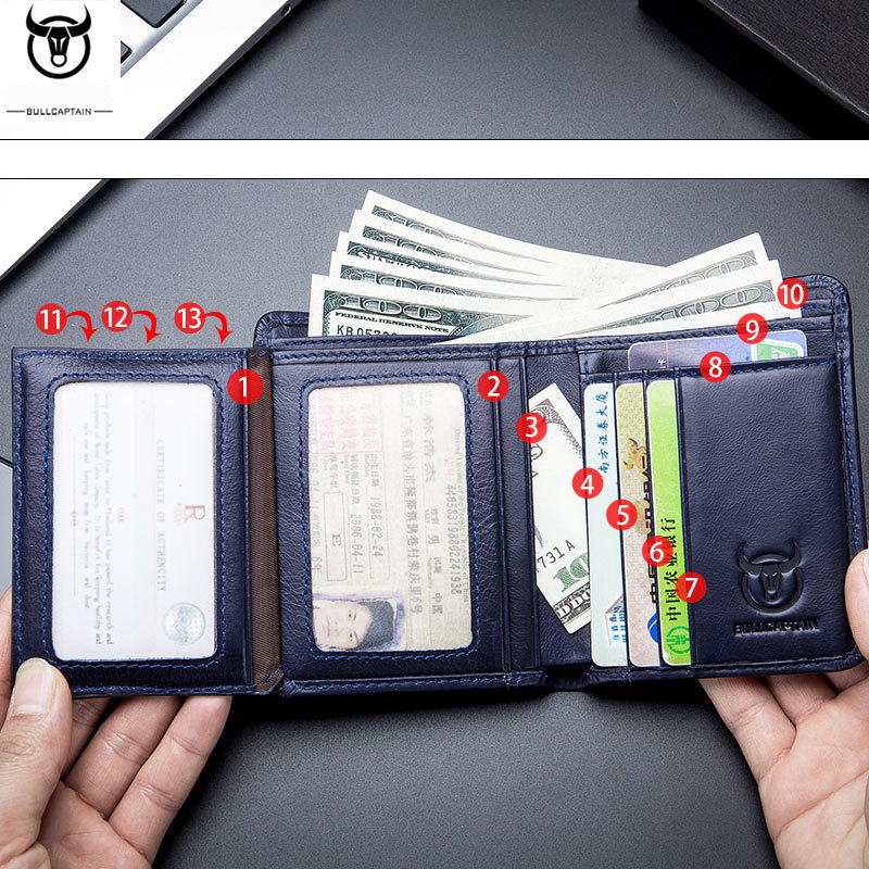 Bullcaptain Genuine Leather Men Short Wallet Fold Business Money Bags Male Driver License Purse Credit Card Holder Clutch JYB013