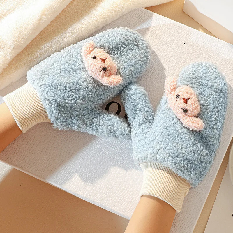 Womens Winter Plus Velvet Thick Knitted Hanging Collar Outdoor Warm Bicycle Gloves Cute Cartoon Dog Full Finger Plush Gloves S36 241107