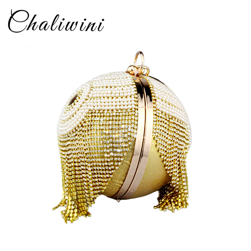 Chaliwini new design silver bowling shape totes bag beaded pearl striped flower ball wristlets tassel women messenger bags