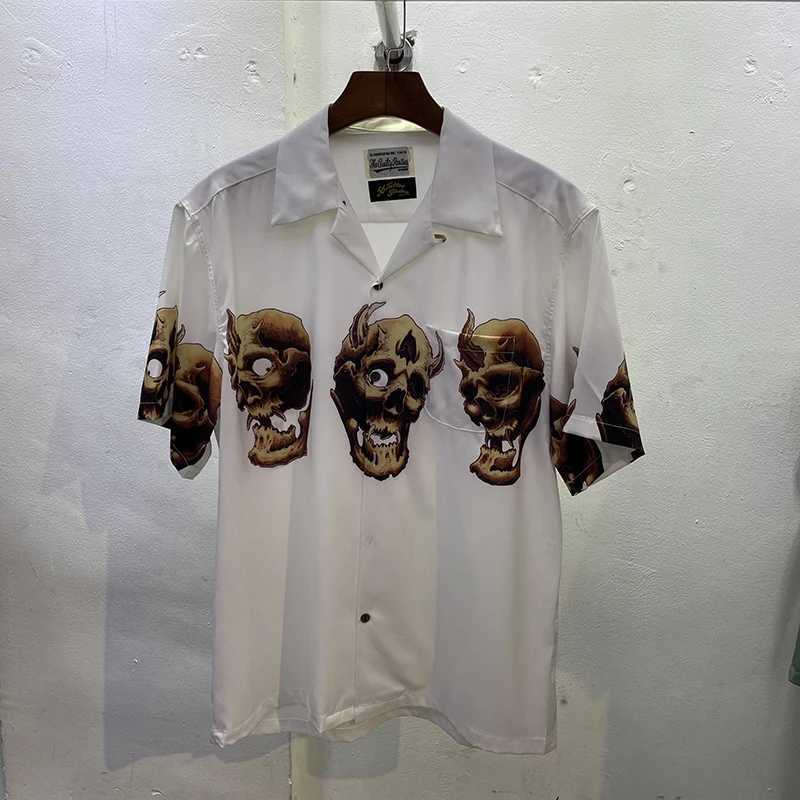 Men's T-Shirts WACKO MARIA Mens Street Clothing Skull Print Summer Casual Hawaiian Short sleeved Shirt J240402