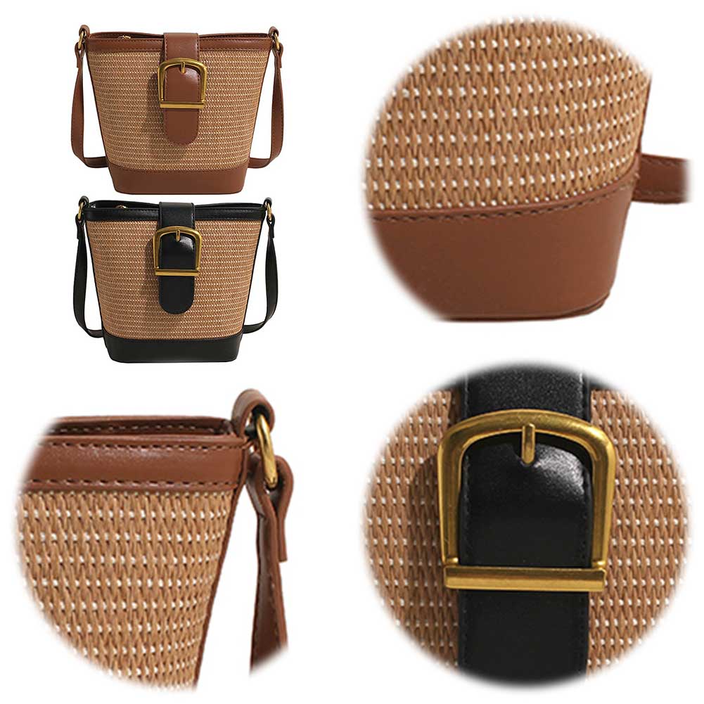 Straw Crossbody Bags for Women Raffia Woven Shoulder Bag PU Leather Straw Bucket Bag Rattan Handbag Purses Summer Beach Bag