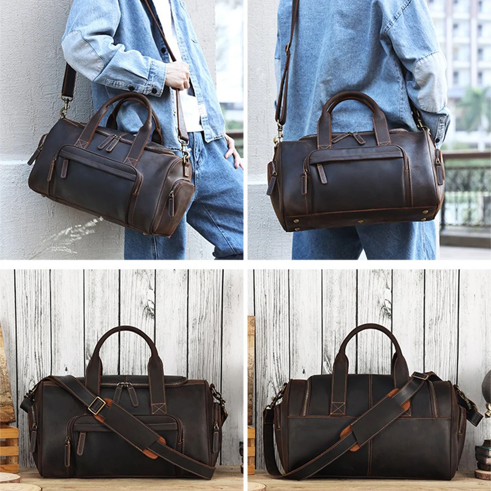 New Fashion Genuine Leather Men's Travel Bag Cowhide Luggage Bag For Man Crazy Horse Leather Crossbody Hand Luggage Shoulder Bag