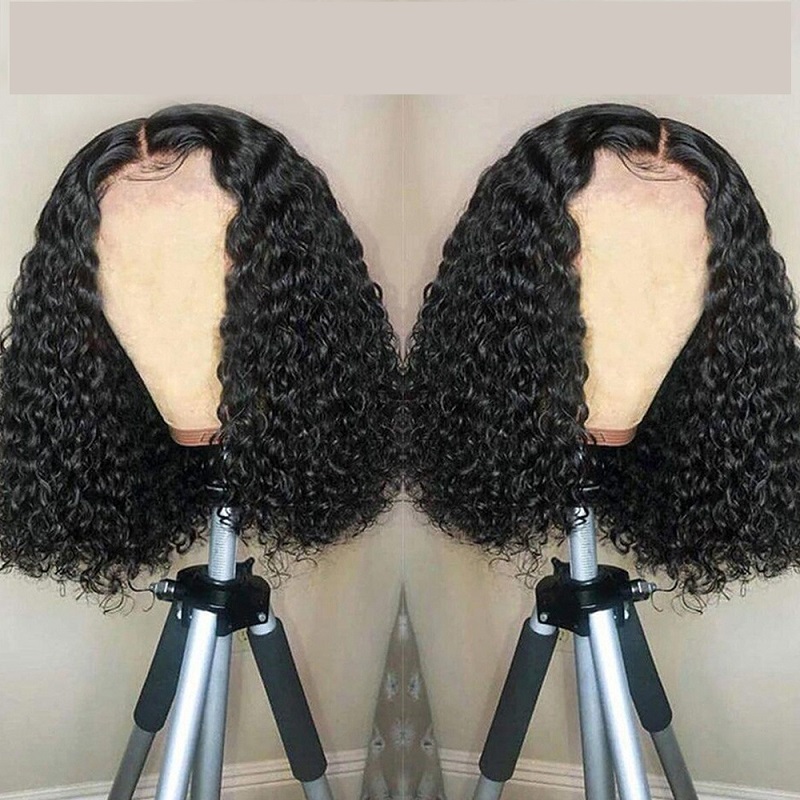 Women's Wig Kinky Curly BOB Wig Bobo Head Set Human Hair Wig 5X5T T STYLE 150 %