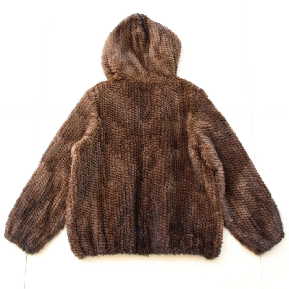 Fashion Knitted Mink Hoodie Winter Womens Warm Natural Fur Jacket Womens Casual Solid Long Sleeve Jacket 241107