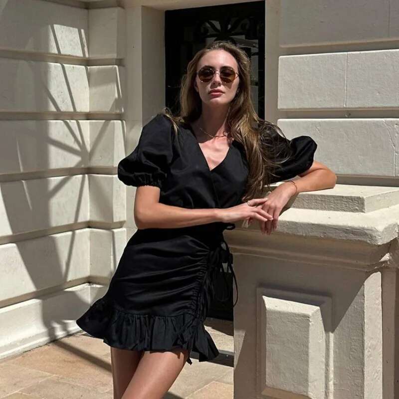 Talenza Ruffle High Waist Mini Women's Sexy V-Neck Puff Sleeve Drawstring Pleated Elegant Solid Party A-E Dress