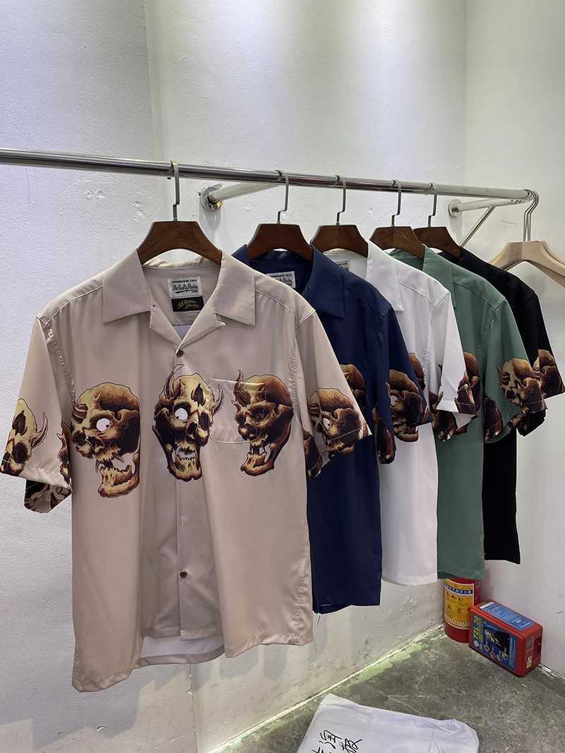 Men's T-Shirts WACKO MARIA Mens Street Clothing Skull Print Summer Casual Hawaiian Short sleeved Shirt J240402