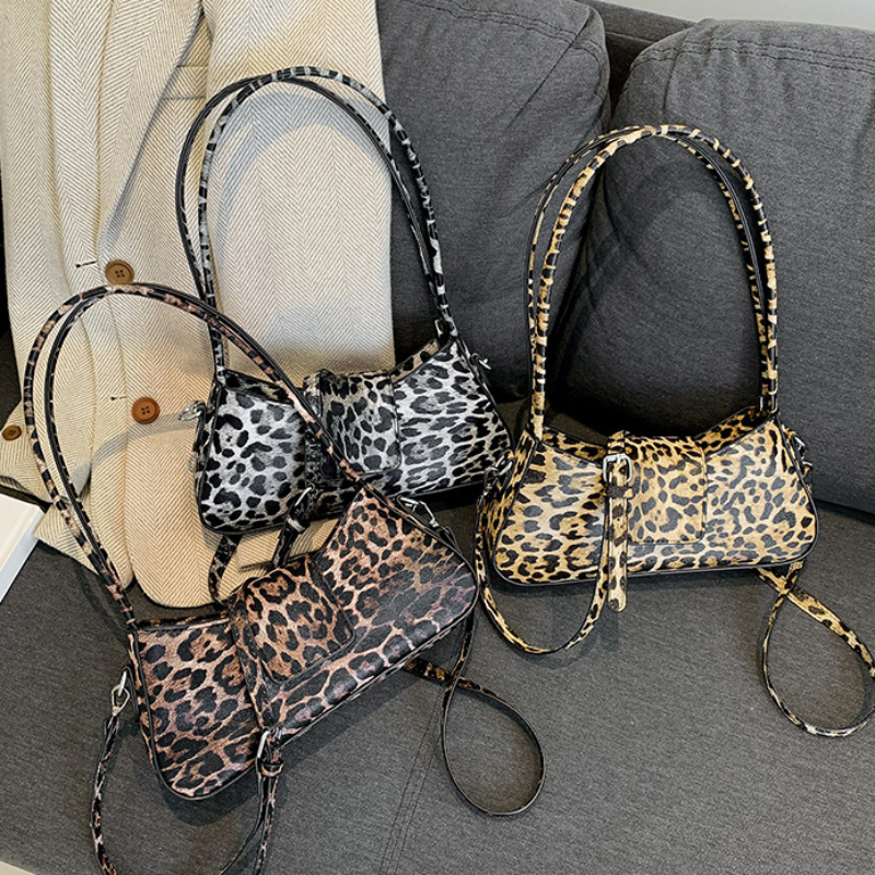 French Style Underarm Bag for Women Brown Black Leopard Handbag Clutch Bag Female Vintage PU Leather Crossbody Bags Versatile