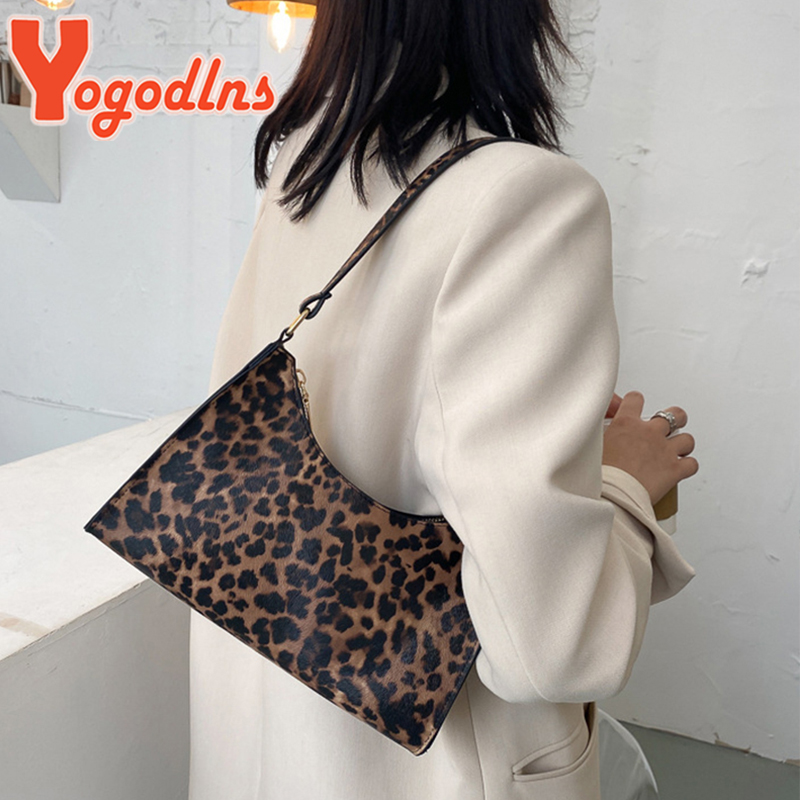 Yogodlns Trendy Cow Pattern Women's Bag PU Leather Shoulder Bag Vintage Armpit Bag Leopard Underarm Bag Lady Handbag