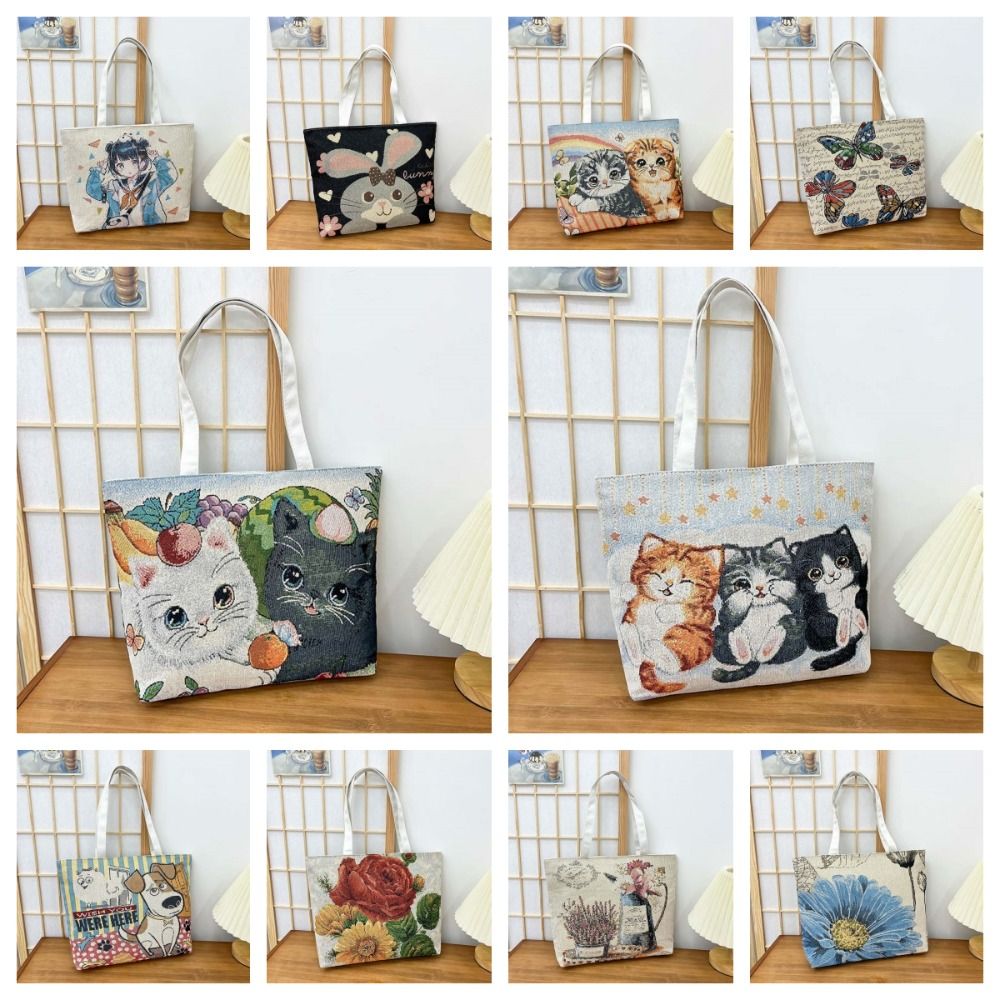 Butterfly Embroidery Ethnic Style Handbag Rabbit Flower Canvas Cat Tote Bag Storage Bag Dog Cartoon Animal Shoulder Bag Daily