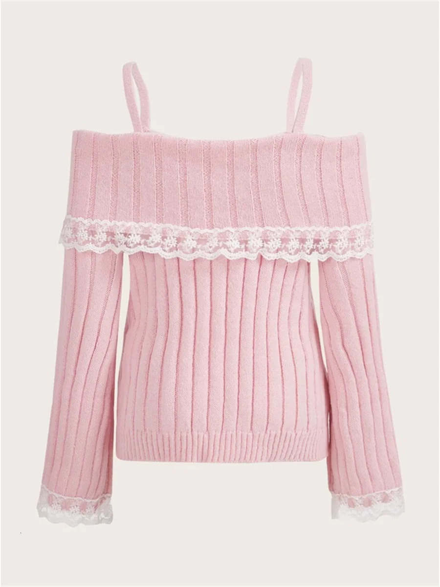 Grunge Women Off Shoulder Knit Sweater Pink Pullover Sweet Pullovers Long Sleeve Bow Lace Patchwork Jumpers Y2k Streetwear 241107