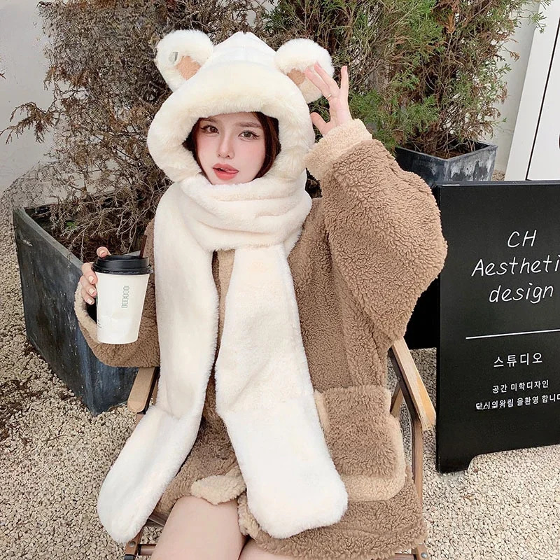 Hat scarf one-piece material womens autumn and winter bear shape warm plush gloves three piece cute hooded ear protection fashionable 241107