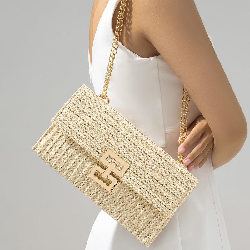 Envelope Straw Handbag for Women Trend 2024 Summer Beach Hand-Woven Shoulder Bags Chain Messenger Purse Wallet sac de luxe femme